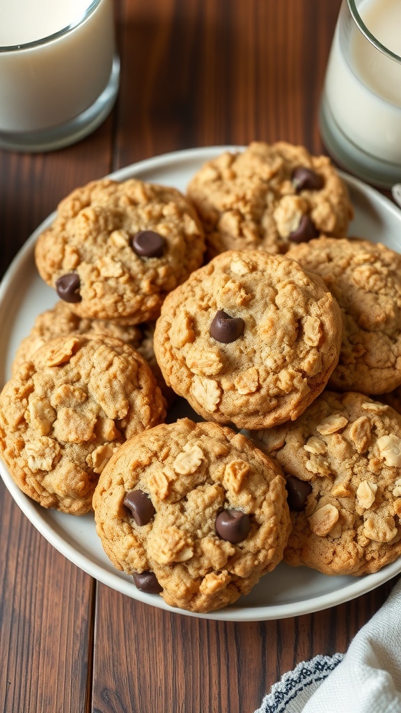 A plate of chewy oatmeal cookies with chocolate chips, served with a glass of milk on a wooden table.